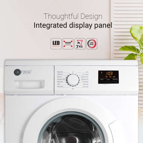 AFRA Washing Machine, Model No. AF-7120WMWT, Front Loading, 7KG Capacity, LED Display, 15 Programs, Child Lock, Quick Wash, Anti-Foam, Auto Balance Power Efficiency.