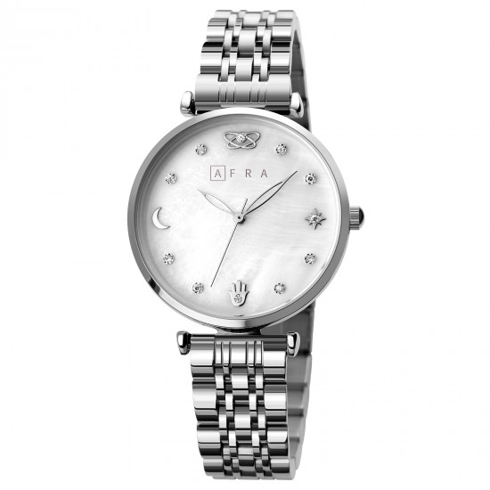 AFRA Luna Lady’s Watch, Silver Metal Alloy Case, Mop Dial, Silver Bracelet Strap with Latch, Water Resistant 30m