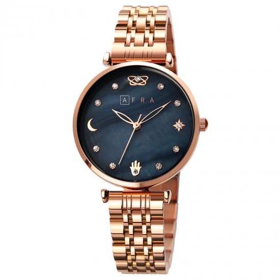 AFRA Luna Lady’s Watch, Rose Gold Metal Alloy Case, Black Mop Dial, Rose Gold Bracelet Strap with Latch, Water Resistant 30m