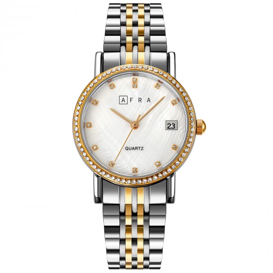 AFRA Calla Lady’s Watch, Gold and Silver Metal Alloy Case, White Mop Dial, Gold and Silver Bracelet Strap with Latch, Water Resistant 30m