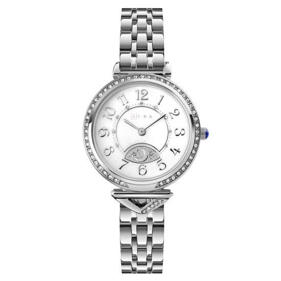 AFRA Selene Lady’s Watch, Silver Metal Alloy Case, White Dial, Silver Bracelet Strap, Water Resistant 30m