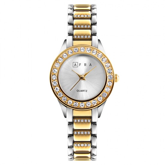 AFRA Shein Lady’s Watch, Gold and Silver Case, Silver Dial, Gold and Silver Bracelet Strap, Water Resistant 30m.