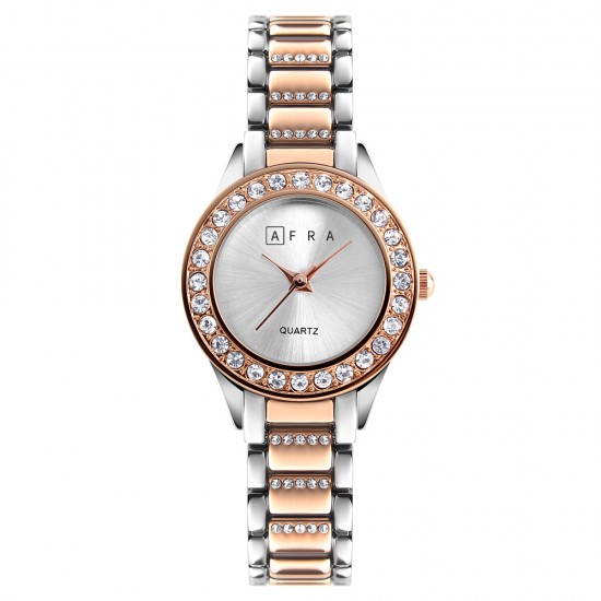 AFRA Shein Lady’s Watch, Rose Gold and Silver Case, Silver Dial, Rose Gold Bracelet Strap, Water Resistant 30m.