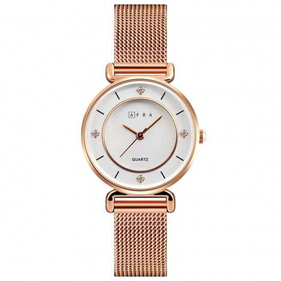 AFRA Shae Lady’s Watch, Rose Gold Metal Alloy Case, White Dial, Rose Gold Mesh Bracelet Strap, Water Resistant 30m