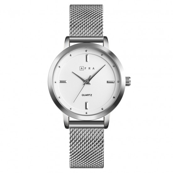 AFRA Avril Lady’s Watch, Silver Metal Alloy Case and Metal Mesh Bracelet Strap, White Dial, Water Resistant 30m