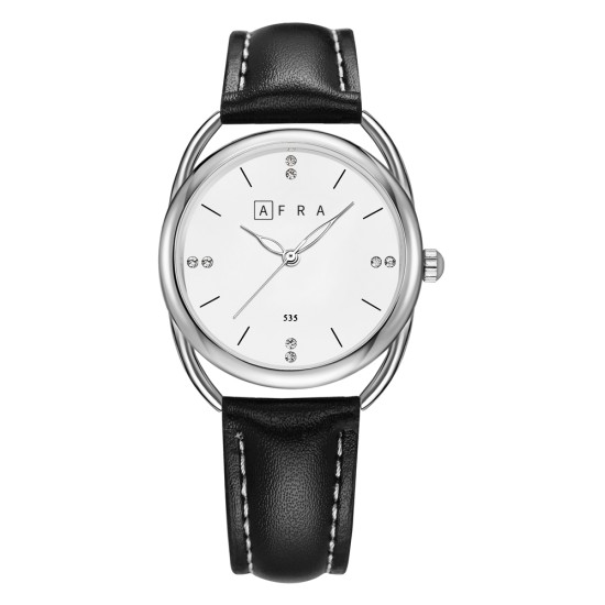 AFRA Carina Lady’s Watch, Lightweight Silver Metal Case, Leather Strap, Water Resistant 30m