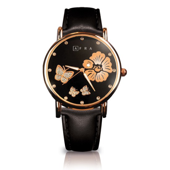 AFRA Elanor Lady’s Watch, Lightweight Rose Gold Metal Case, Leather Strap, Water Resistant 30m