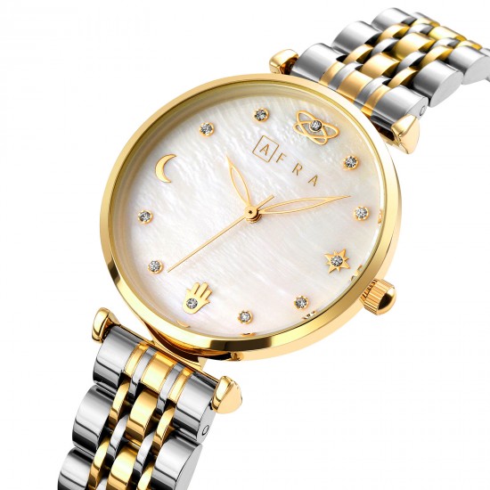 AFRA Luna Ladies' Watch, Gold and Silver Metal Alloy Case, White Mop Dial, Silver and Gold Bracelet Strap with Latch, Water Resistant 30m