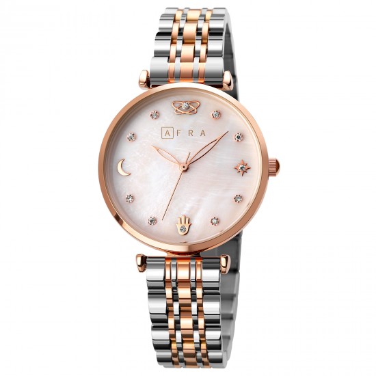 AFRA Luna Lady’s Watch, Rose Gold and Silver Metal Alloy Case, Mop Dial, Rose Gold and Silver Bracelet Strap with Latch, Water Resistant 30m