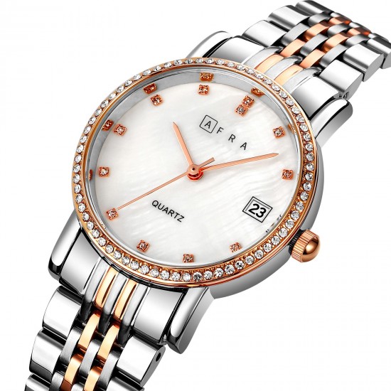 AFRA Calla Lady’s Watch, Rose Gold and Silver Metal Alloy Case, White Mop Dial, Rose Gold and Silver Bracelet Strap with Latch, Water Resistant 30m