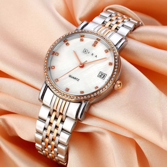 AFRA Calla Lady’s Watch, Rose Gold and Silver Metal Alloy Case, White Mop Dial, Rose Gold and Silver Bracelet Strap with Latch, Water Resistant 30m