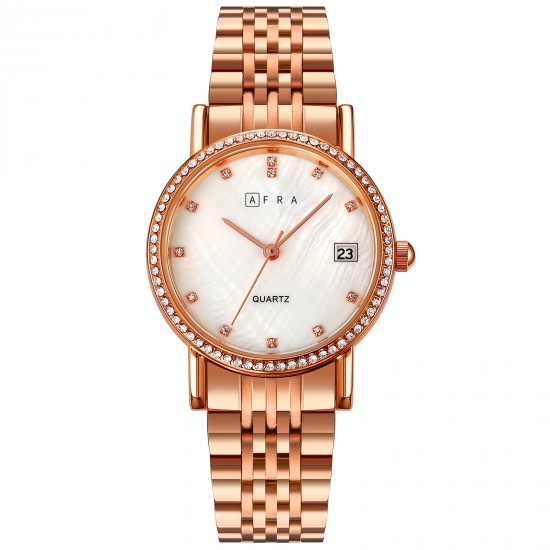 AFRA Calla Lady’s Watch, Rose Gold Metal Alloy Case, White Mop Dial, Rose Gold Bracelet Strap with Latch, Water Resistant 30m