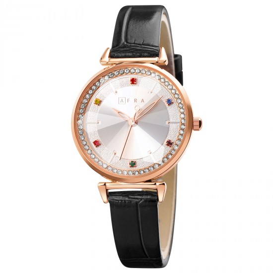 AFRA Gemma Lady’s Watch, Rose Gold Metal Case, White Dial, Black Leather Strap, Water Resistant 30m