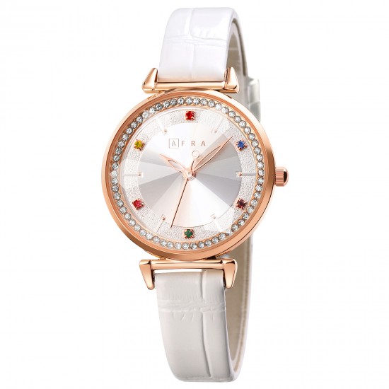 AFRA Gemma Lady’s Watch, Rose Gold Metal Case, White Dial, White Leather Strap, Water Resistant 30m