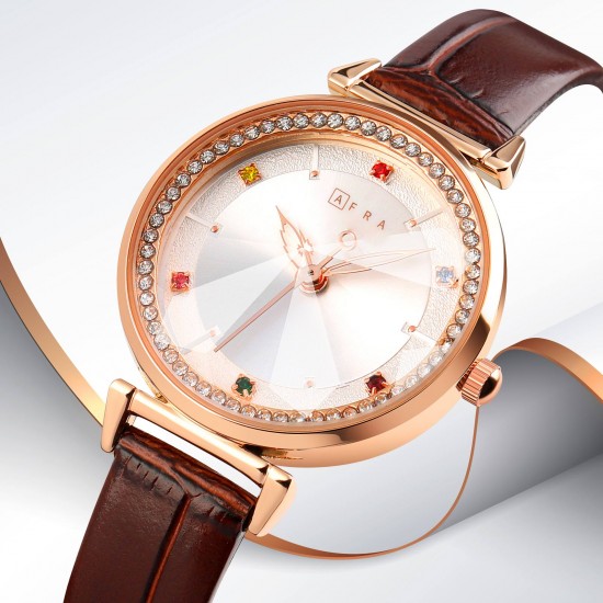 AFRA Gemma Lady’s Watch, Rose Gold Metal Case, White Dial, Brown Leather Strap, Water Resistant 30m