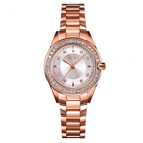 AFRA Celeste Lady’s Watch, Rose Gold Metal Alloy Case, Silver Dial, Rose Gold Bracelet Strap, Water Resistant 30m