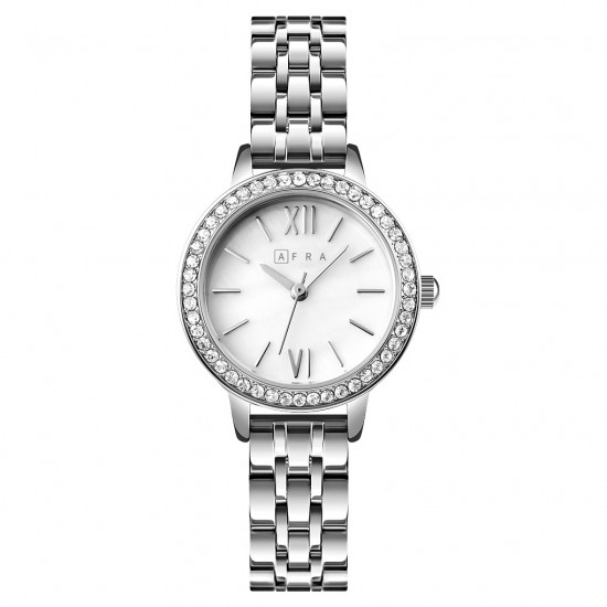 AFRA Ornate Lady’s Watch, Silver Metal Alloy Case, Silver Bracelet Strap, Water Resistant 30m