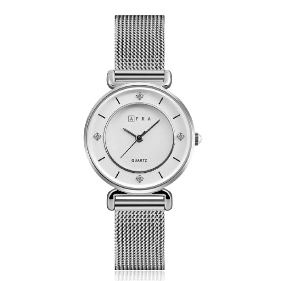 AFRA Shae Lady’s Watch, Silver Metal Alloy Case, White Dial, Silver Mesh Bracelet Strap, Water Resistant 30m