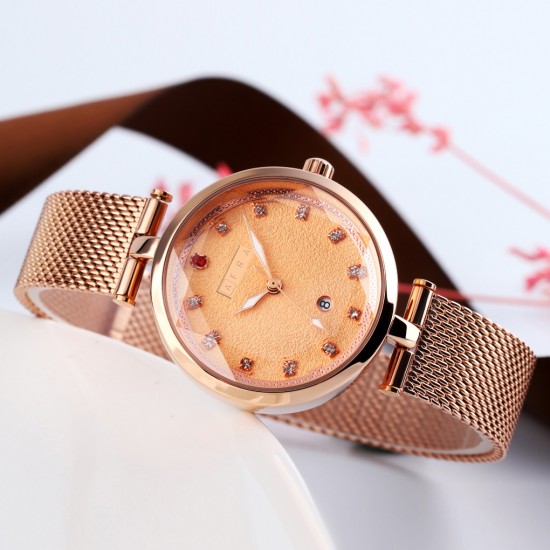 AFRA Regina Lady’s Watch, Rose Gold Case, Rose Gold Dial, Rose Gold Mesh Bracelet Strap, Water Resistant 30m