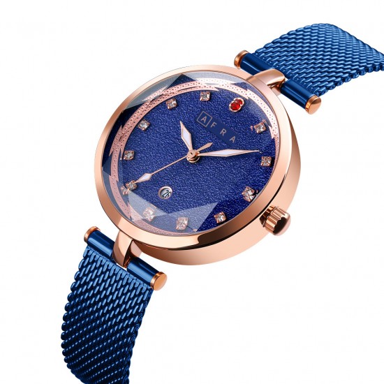 AFRA Regina Lady’s Watch, Rose Gold Case, Blue Dial, Blue Metal Mesh Bracelet Strap, Water Resistant 30m