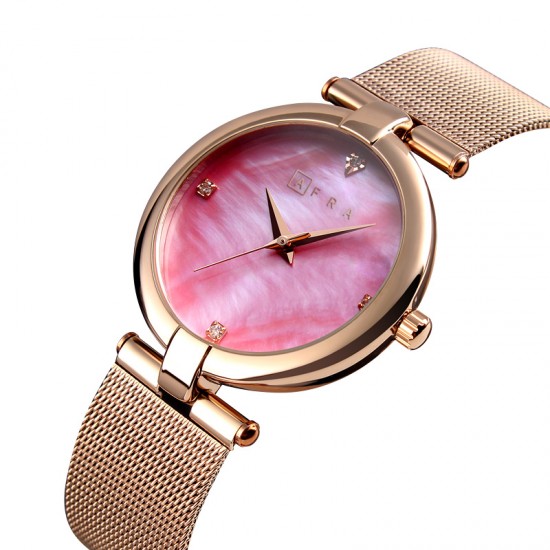 AFRA Pearlescent Lady’s Watch, Rose Gold Metal Case, Pink Dial and Mesh Bracelet Strap, Water Resistant 30m