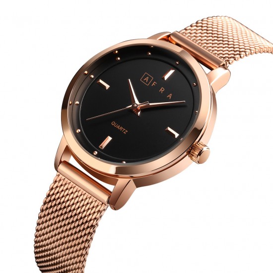 AFRA Avril Lady’s Watch, Rose Gold Metal Alloy Case and Mesh Bracelet Strap, Black Dial, Water Resistant 30m