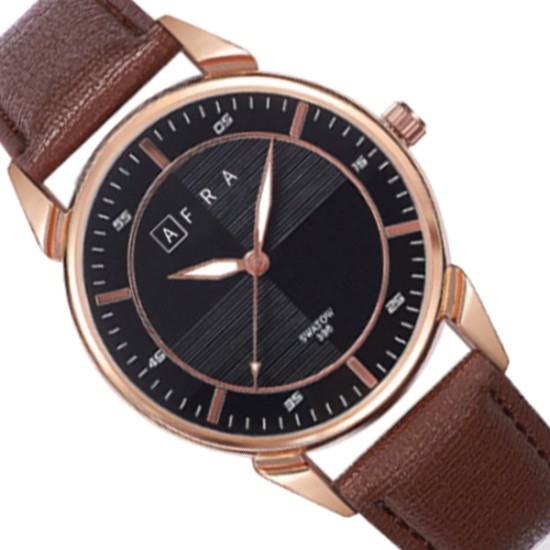 AFRA Conrad Gentleman’s Watch, Japanese Design, Rose Gold Metal Alloy Case, Leather Strap, Water Resistant 30m