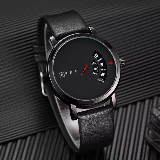 AFRA Phantom Gentleman’s Watch, Metal Case, Black Dial, Leather Strap, Water Resistant 30m