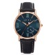 AFRA Triton Gentleman’s Watch, Japanese Design, Rose Gold Metal Alloy Case, Blue Dial, Black Leather Strap, Water Resistant 30m