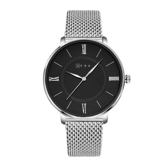 AFRA Ambrose Gentleman’s Watch, Japanese Design, Silver Alloy Case, Black Dial, Silver Mesh Bracelet Strap, Water Resistant 30m