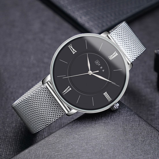 AFRA Ambrose Gentleman’s Watch, Japanese Design, Silver Alloy Case, Black Dial, Silver Mesh Bracelet Strap, Water Resistant 30m