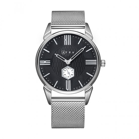 AFRA Moment Gentleman’s Watch, Japanese Design, Silver Metal Case, Black Dial, Silver Mesh Bracelet, Water Resistant 30m