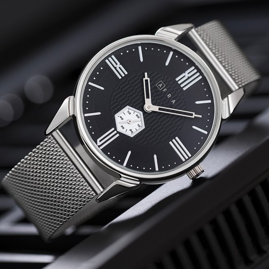 AFRA Moment Gentleman’s Watch, Japanese Design, Silver Metal Case, Black Dial, Silver Mesh Bracelet, Water Resistant 30m