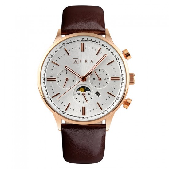 AFRA Crescent Gents Watch Rose Gold Case White Dial Brown Leather Water Resistant 30m