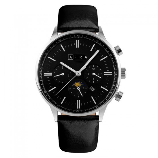 AFRA Crescent Gents Watch, Silver Case, Black Dial, Black Leather, Water Resistant 30m