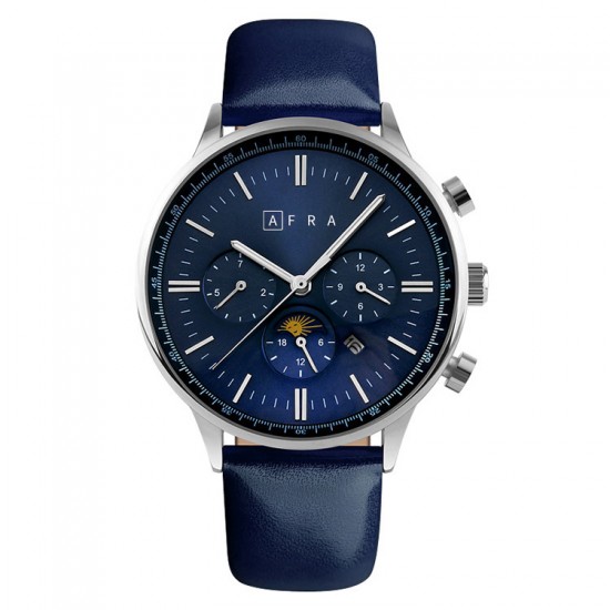 AFRA Crescent Gents Watch Silver Case Blue Dial Blue Leather, Water Resistant 30m