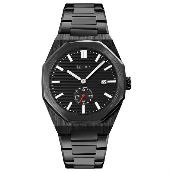 AFRA Octavian Gentleman’s Watch, Lightweight Black Metal Case, Black Dial, Metal Bracelet Strap, Water Resistant 30m