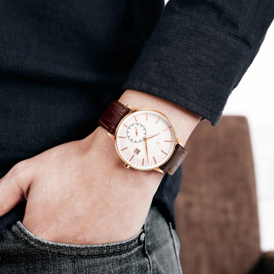 AFRA Radius Gentleman’s Watch, Lightweight Rose Gold Metal Case, Brown Leather Strap, White Dial, Water Resistant 30m