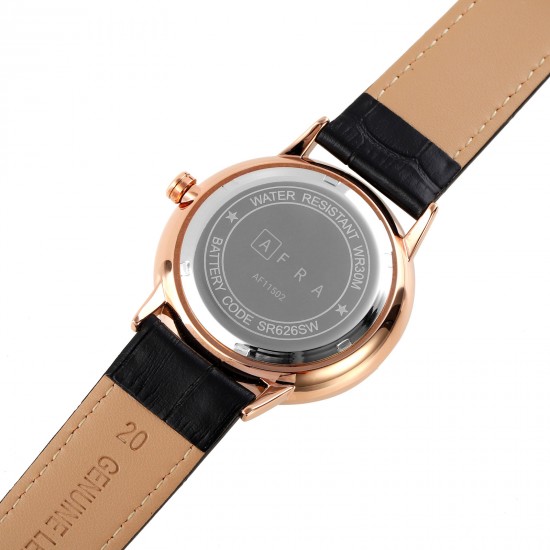 AFRA Radius Gentleman’s Watch, Lightweight Rose Gold Metal Case, Black Leather Strap, Black Dial, Water Resistant 30m