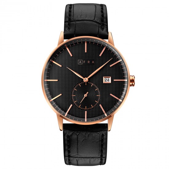 AFRA Radius Gentleman’s Watch, Lightweight Rose Gold Metal Case, Black Leather Strap, Black Dial, Water Resistant 30m