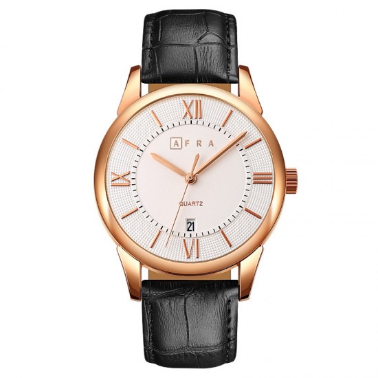 AFRA Oberon Gentleman’s Watch, Lightweight Rose Gold Metal Case, Black Leather Strap, White Dial, Water Resistant 30m