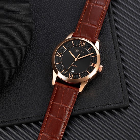 AFRA Oberon Gentleman’s Watch, Lightweight Rose Gold Metal Case, Brown Leather Strap, Black Dial, Water Resistant 30m