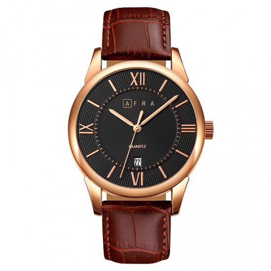 AFRA Oberon Gentleman’s Watch, Lightweight Rose Gold Metal Case, Brown Leather Strap, Black Dial, Water Resistant 30m